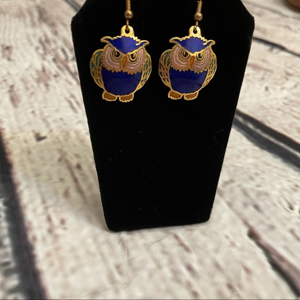 Cloisonné Owl Dangle Earrings, vintage